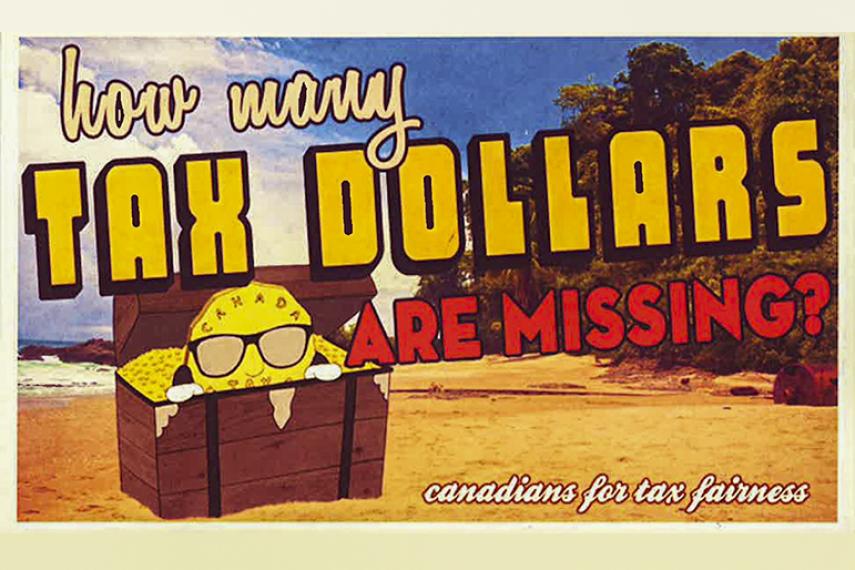 Carte postale de la campagne sur les paradis fiscaux de Canadiens pour une fiscalité équitable. 