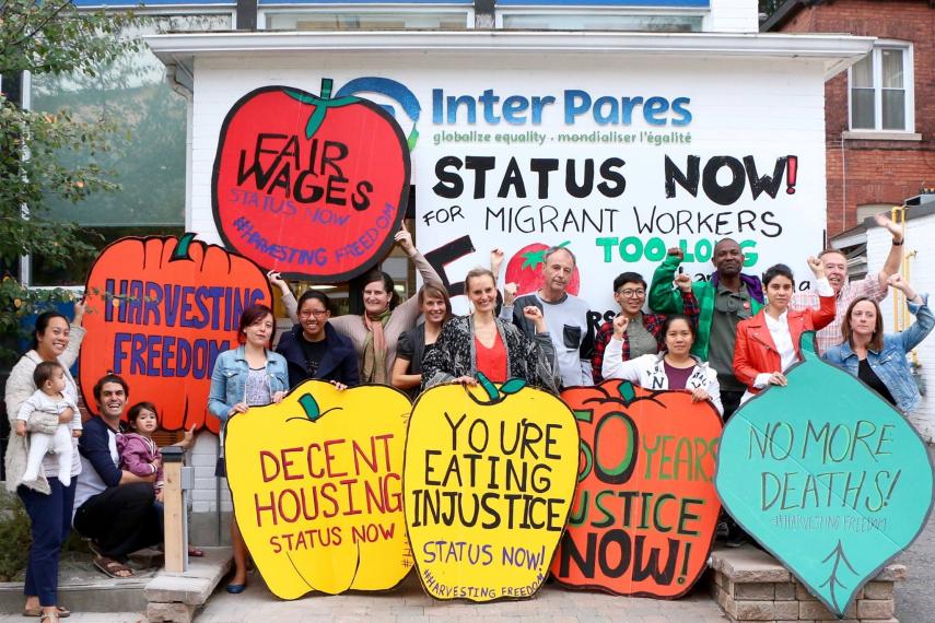 Inter Pares staff celebrate with caravan members their arrival in Ottawa.