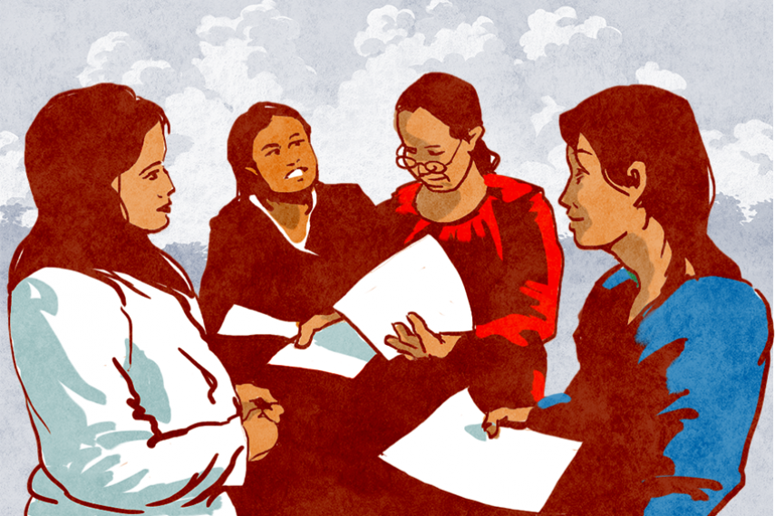 A group of illustrated women stand in a circle facing each other holding papers and discussing.