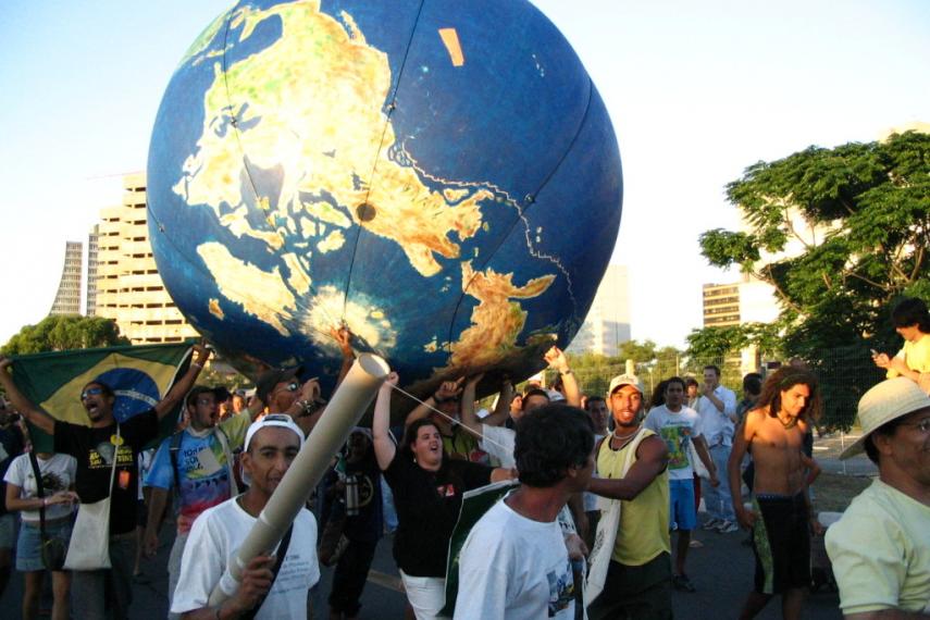 Demonstration with giant globe