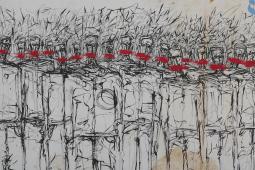 Photograph of graffiti on a white wall. Fine black lines trace stylized outlines of people in a crowd. There are red smears of paint where the people's mouths would be.