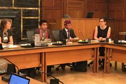 Inter Pares staff members Samantha McGavin and Rebecca Wolsak (at left and right) with CHRO's Sang Hnin Lian and KDNG's Steven Naw Awng (centre), speaking alongside Chris Lewa to MPs and Senators on Parliament Hill. 