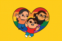 Illustration of two women and a child flying upward and smiling. The background is a large rainbow heart. -- Illustration représentant deux femmes et un enfant s'envolant vers le ciel et souriant. L'arrière-plan est un grand cœur arc-en-ciel.