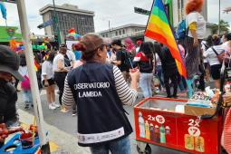 Photo of the back of a person wearing a vest that says "obersvatorio lambda." They are at a Pride parade giving out cool treats.